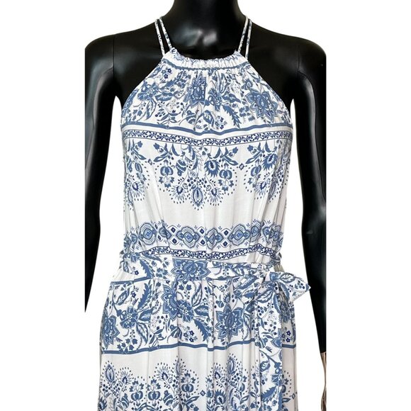 ✨ LOFT Blue & White Boho Print Halter Maxi Dress Size Small - Picture 4 of 13